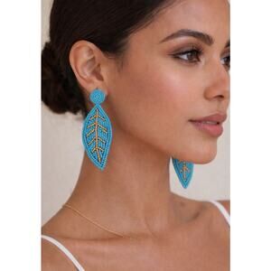 Kay Lee Blue Leaf Beaded Earrings New